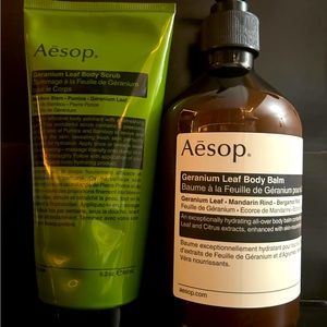 BRAND NEW! AESOP DUO! GERANIUM LEAF BODY SCRUB & GERANIUM LEAF BODY BALM!!